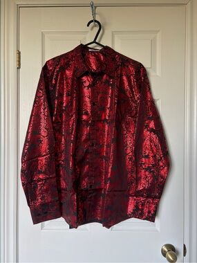 🔥🆕🔥 COOFANDY Men's Shiny Red Black Paisley Button Up Shirt Size Large